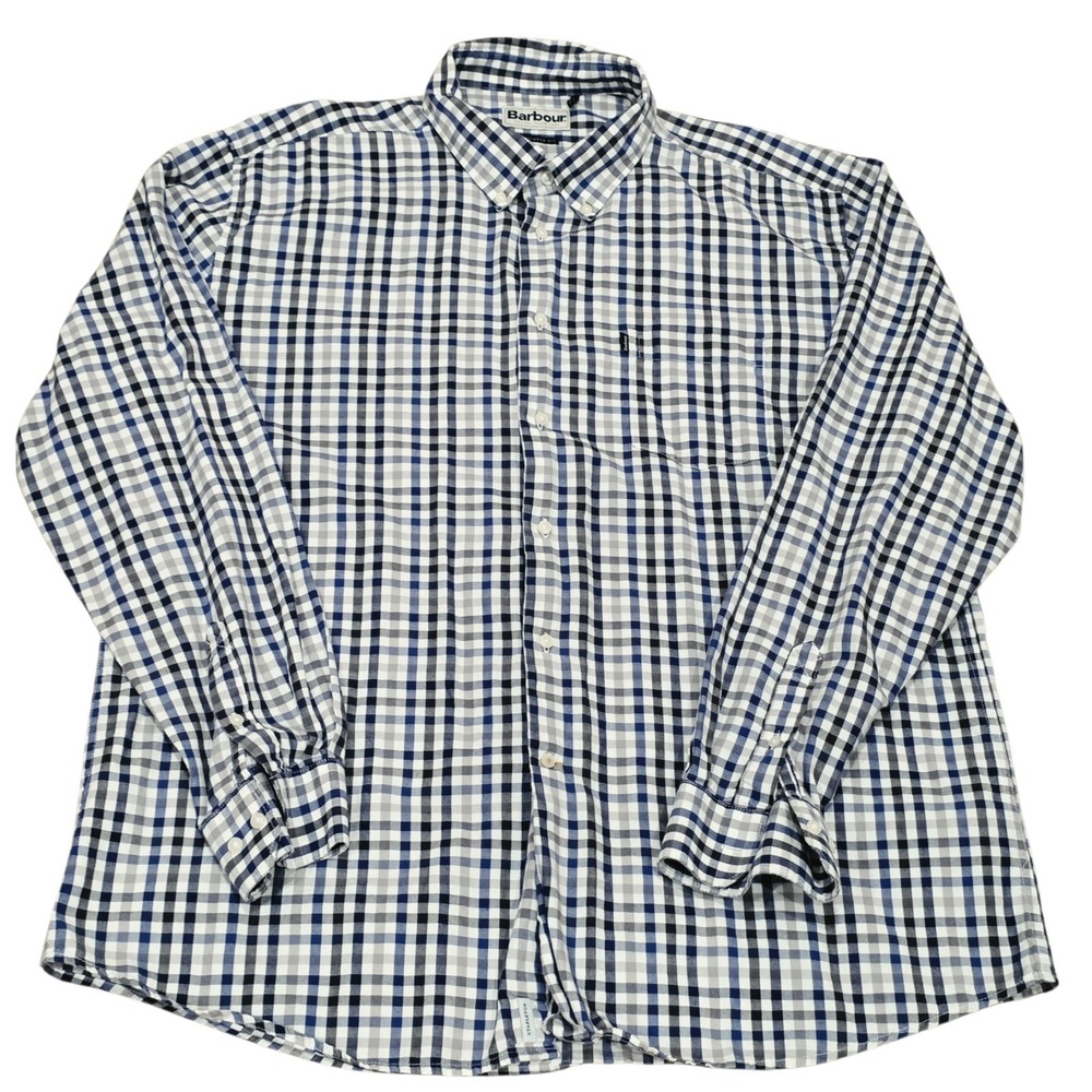 Barbour Tailored Fit Check Button Down Shirt Mens XL Blue Gray Plaid Long Sleeve